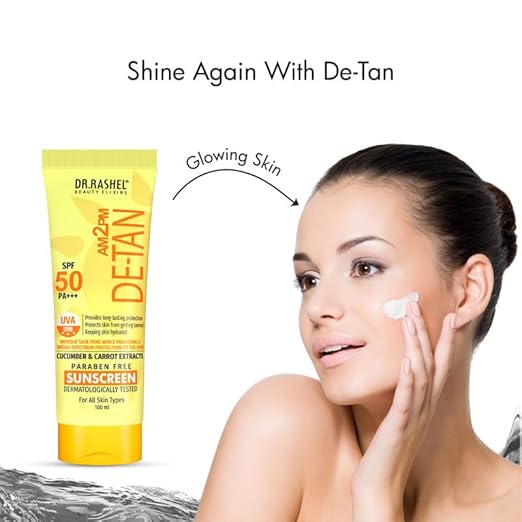 DR.RASHEL De -Tan Sunscreen SPF 50 PA+++ Cream Ultra Hydrating Protects Your Skin From UV Rays With Matte Look Oil Control For Normal to Oily Skin Cucumber & Carrot Extract β 100 ML