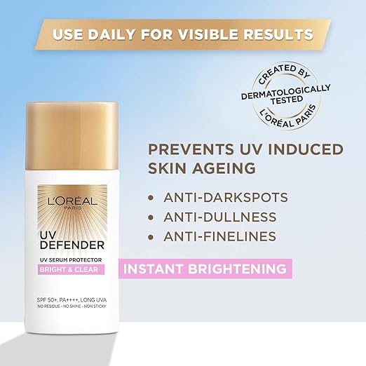 L'OrΓ©al Paris Sunscreen, Non-Greasy, Brightening Sunscreen With Niacinamide, UVA & UVB Protection, With SPF 50 PA+++, Bright & Clear, UV Defender Serum Protector, 50 ml