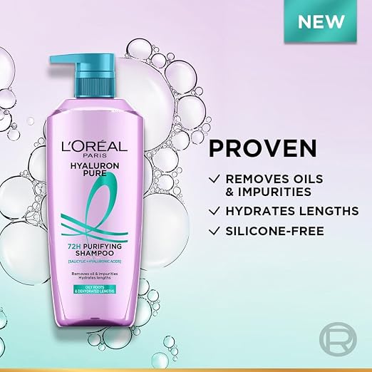 L'Oréal Paris Hyaluron Pure 72H Purifying Shampoo, For oily scalp & dry hair with salicylic and hyaluronic acid, 800 ml