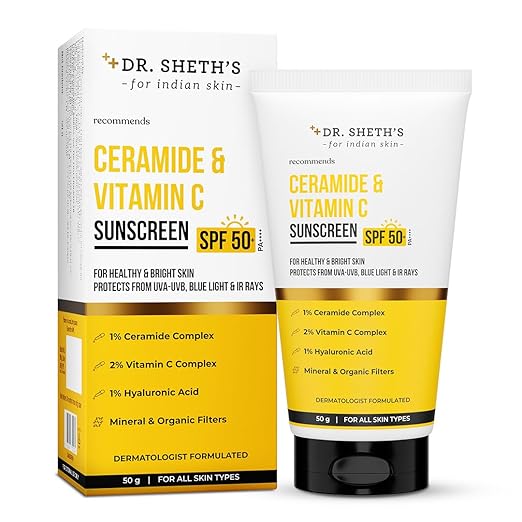 Dr. Sheth's Ceramide & Vitamin C Sunscreen | In-Vivo Tested | Protects, Moisturizes & Brightens Skin | SPF 50+ PA++++ | Light