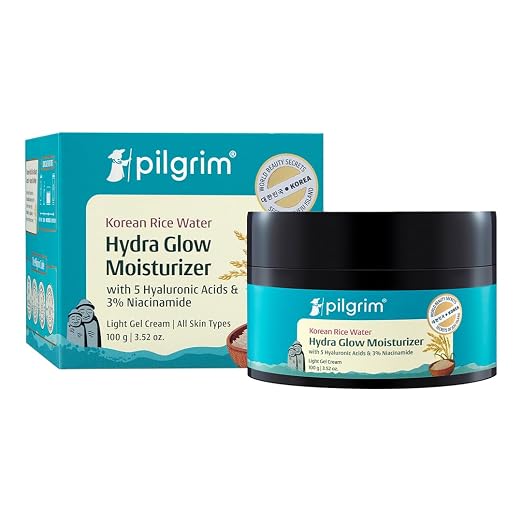 Pilgrim Korean Rice Water Hydra Glow Moisturizer 100Gm with 5 Hyaluronic Acids, 3% Niacinamide, 5 Ceramides | 5x Hydration &
