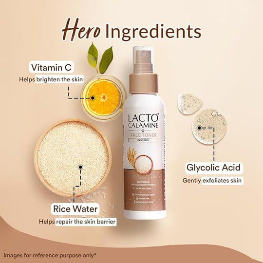 Lacto Calamine Rice Toner | 120ml | Rice Water Toner Korean Skincare for Glass Skin with Vitamin C, Glycolic Acid, Niacinamide | Face Toner for All Skin Types | Dermatologically Tested | Alcohol free