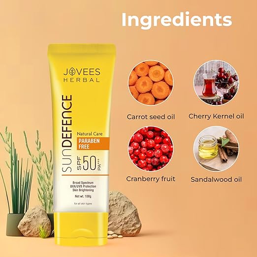 Jovees Herbal Sun Defence Cream SPF 50 PA+++ Broad Spectrum For All Skin | Protection From UVA/UVB & Sun Damaged | Lightweight, Non Greasy & Quick Absorption Sunscreen For Men/Women 100g