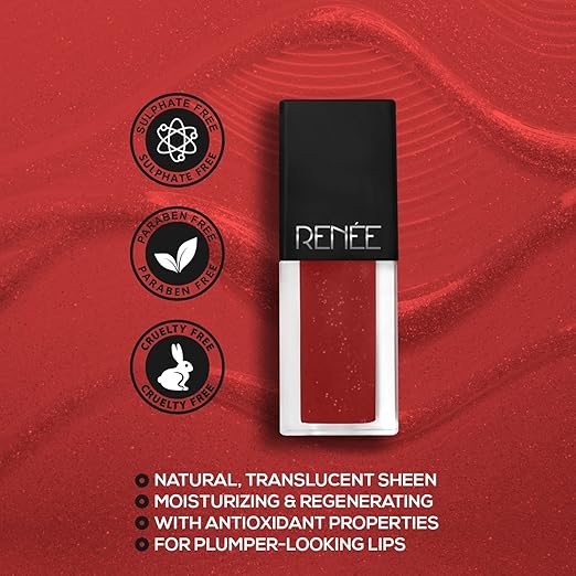 RENEE See Me Shine Lip Gloss - It's Bloody Red l Long Lasting, Moisturizing Impact l Nourished Finish l Ultra Glossy Feel l Non-Sticky, Hydrating Formula l Infused with Jojoba Oil & Vitamin E l 2.5 ml