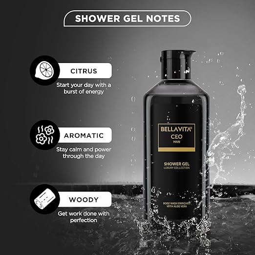BELLAVITA CEO Man Body Wash 250ml Refreshing Shower Gel for Men | Deep Cleansing, Hydrating and Moisturising Skin with Aloe Vera & Charcoal Powder