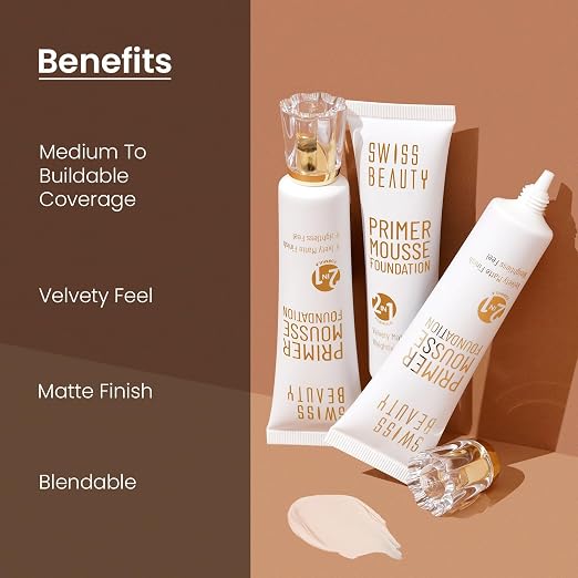 Swiss Beauty Primer Mousse Foundation Weightless Smooth & Velvet Touch, Matte Finish, Face MakeUp, 30ml