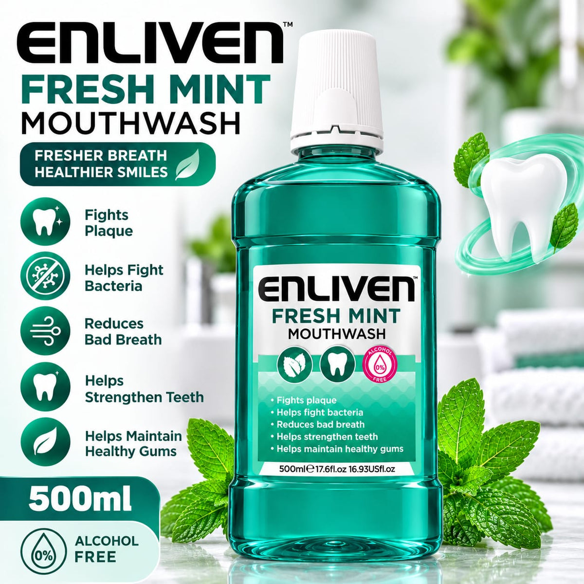 Enliven Fresh Mint Mouthwash 500ml | Alcohol-Free