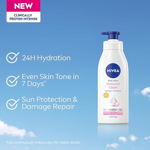 NIVEA Body Lotion Natural Glow,Cell Repair With Uva/Uvb Filters And Spf 15|50X Vitamin C For Even Skin Tone|Light Moisturising, Non-Greasy Formula With Cooling Sensation|Glowing Skin For Unisex|400 Ml