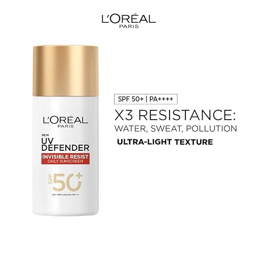 L'Oreal Paris Uv Defender Invisible Resist Daily Sunscreen Spf50+ Pa++++ 50Ml |All Skin Lightweight, Waterproof, Sweatproof &