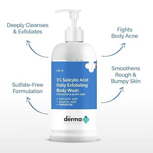 The Derma Co 1% Salicylic Acid Daily Exfoliating Body Wash with Salicylic Acid, Glycolic Acid & PENTAVITIN® - 250ml | | Helps