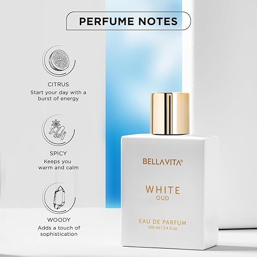 BELLAVITA White Oud Unisex | Long Lasting | Perfume for Man & Perfume for Woman | EDP 100ml | Orange, Patchouli, Musk | Oud, Citrus & Spicy Premium Fragrance