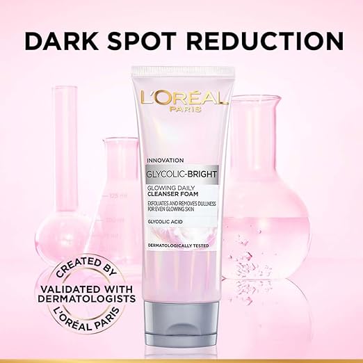 L'Oreal Paris Glycolic Bright Daily Foaming Face Cleanser, 100ml | Glycolic Acid Face Wash for Dull Skin | Daily Glowing Facial Cleanser | Suitable for All Skin Types