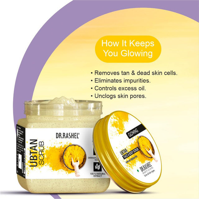DR.RASHEL Ubtan Scrub For Face & Body | With Haldi, Chandan & Kesar | Skin Brightening | Tan & Dead Skin Removal | Deep Exfol