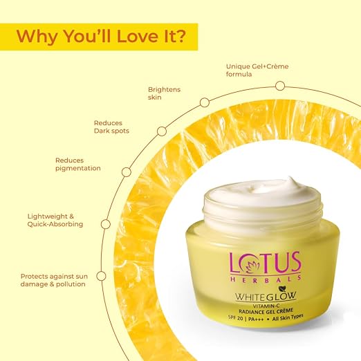 Lotus Herbals WhiteGlow Vitamin C Gel Cream | Reduces Dark Spots | Unique Gel + Face Cream Formula | 100x More Vitamin C | Boosts Radiance | SPF 20 and PA+++ | Paraben-Free | For Women and Men | 50g