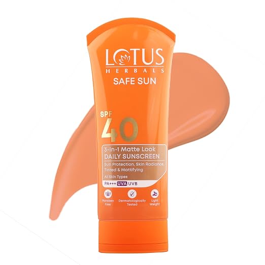 Lotus Herbals Safe Sun 3 In 1 Tinted Daily Sunscreen SPF 40 PA+++ | In Vivo Tested | Tinted Matte Look | UVA & UVB Protection