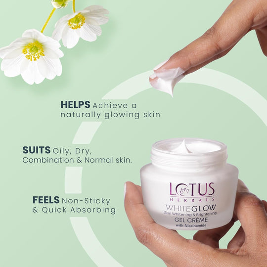 Lotus Herbals WhiteGlow Skin Whitening And Brightening Gel Cream| Hydrates, Removes Dark Spots And Tanning, Gives Radiant Glow | With Niacinamide | Face Cream For Men And Women| All Skin Types | 40g