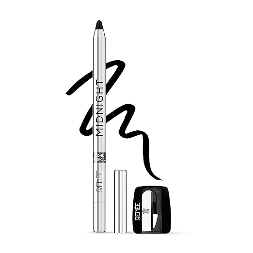RENEE Midnight Kohl Kajal Pencil | Waterproof, Smudgeproof With Sharpener | 24 Hours Long Stay | Darkest Black | One Swipe Ap
