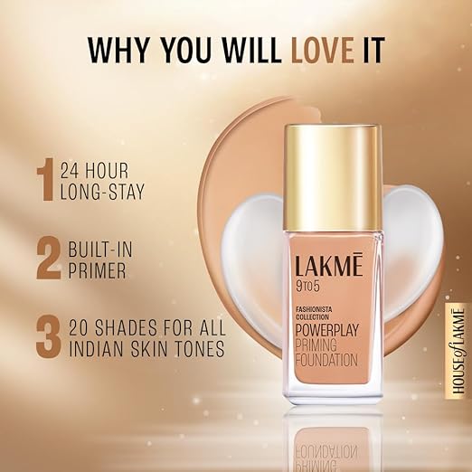 Lakme Powerplay Priming Foundation, Natural, Flawless Finish, Medium To Full Coverage, Built in Primer, Long Lasting, SPF 20, Neutral Honey, 25ml