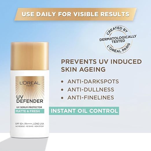 L'Oréal Paris Sunscreen, Lightweight Matte Sunscreen For Oily Skin, UVA & UVB Protection, With SPF 50 PA+++, Matte & Fresh, UV Defender Serum Protector, 50 ml