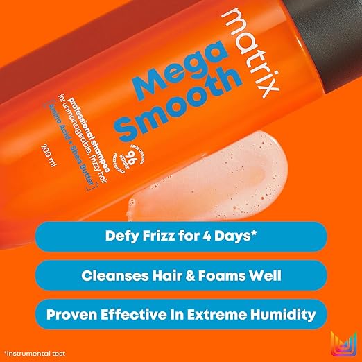 Matrix Mega Smooth Professional Shampoo with Shea Butter & Amino Acids, for Frizzy Hair | Max Smoothness for 4 Days | Used by 1 Lakh Hairstylists*| For All Hair Types | Paraben Free