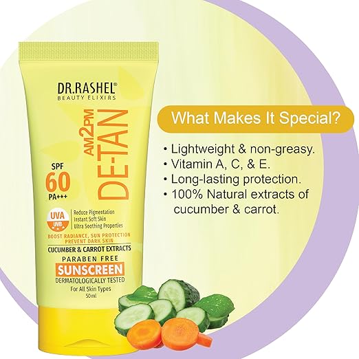 Dr.Rashel DE-TAN SUNSCREEN SPF 60 PA+++ ULTRA SOOTHING WITH CUCUMBER & CARROT EXTRACTS (50 ML)