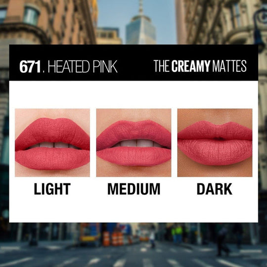 Maybelline New York Color Sensational Creamy Matte Lipstick lasts up to 12 Hours, Hydrate Lips, Rich Creamy Lipstick with Shea Butter, Available in 42 Shades - 671 Heated Pink, 3.9g