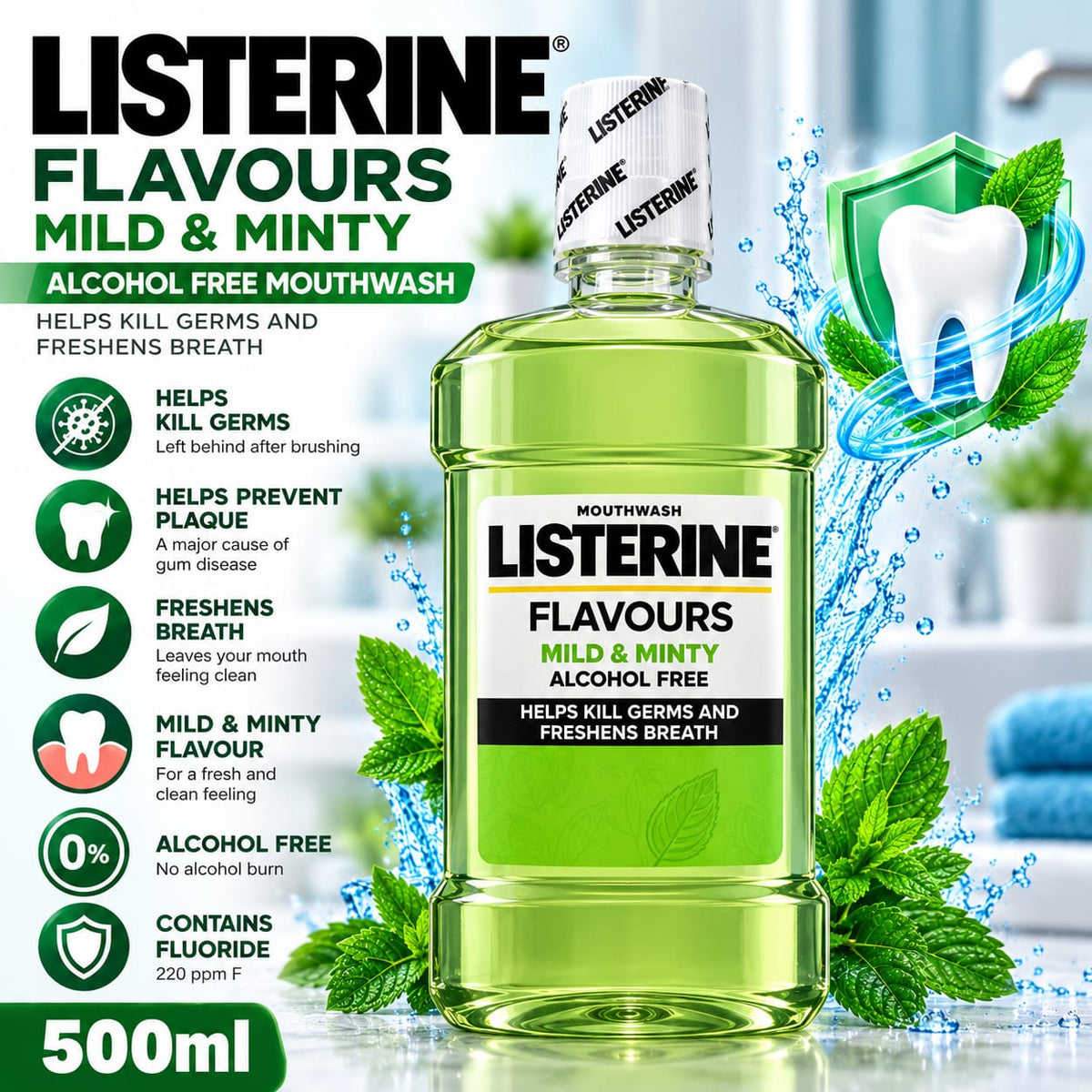 Listerine Mild & Minty Mouthwash 500ml | Alcohol Free