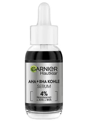 Garnier Pure Active AHA + BHA  Charcoal Anti-Blemish Serum is powered by 4% [Niacinamide + AHA + BHA + Charcoal]