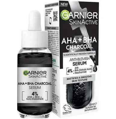 Garnier Pure Active AHA + BHA  Charcoal Anti-Blemish Serum is powered by 4% [Niacinamide + AHA + BHA + Charcoal]