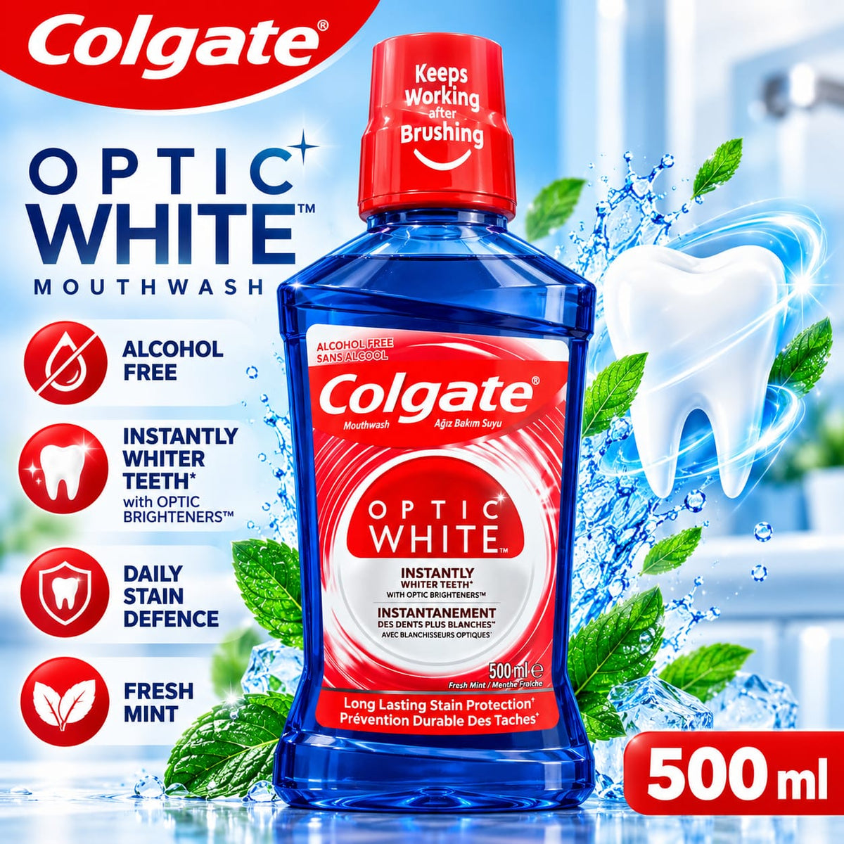Colgate Optic White Mouthwash 500ml | Alcohol Free