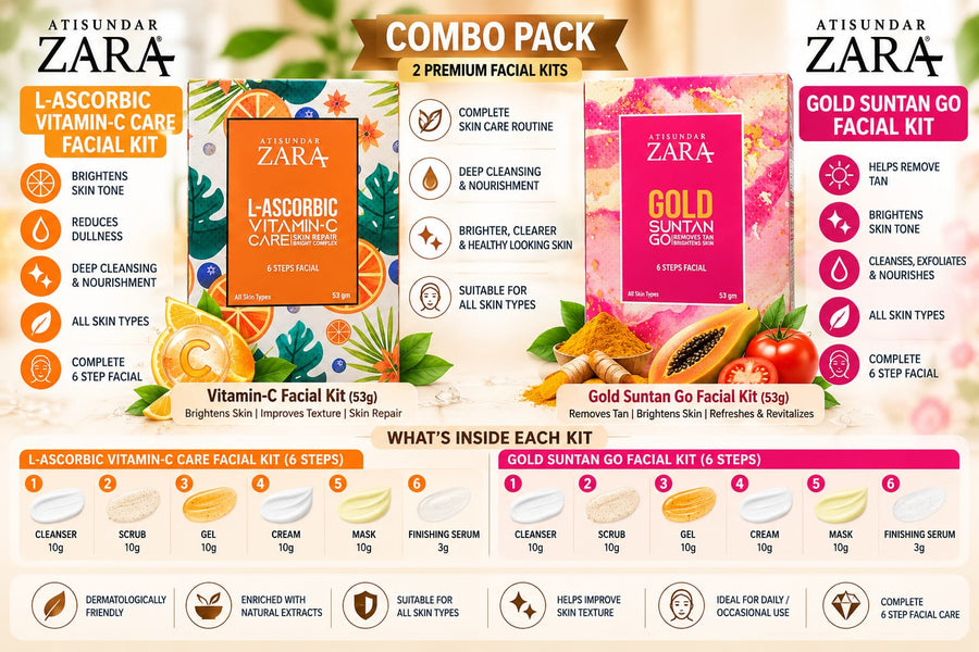 Atisundar Zara L-Ascorbic Vitamin-C & Gold Suntan Go Facial Kit Combo | 53g Each