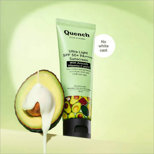Quench Bravocado Lightweight Sunscreen SPF 50+ PA++++ with Avocado Oil, Vitamin E & Antioxidants - 50 ML